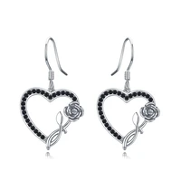 black awn silver color earring heart black spinel anniversary flower drop earrings for women fashion jewelry i154
