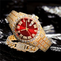 2pcsset fashion full iced out watch for men bling miami cuban chain bracelet with watch men hip hop luxury gold red watch women
