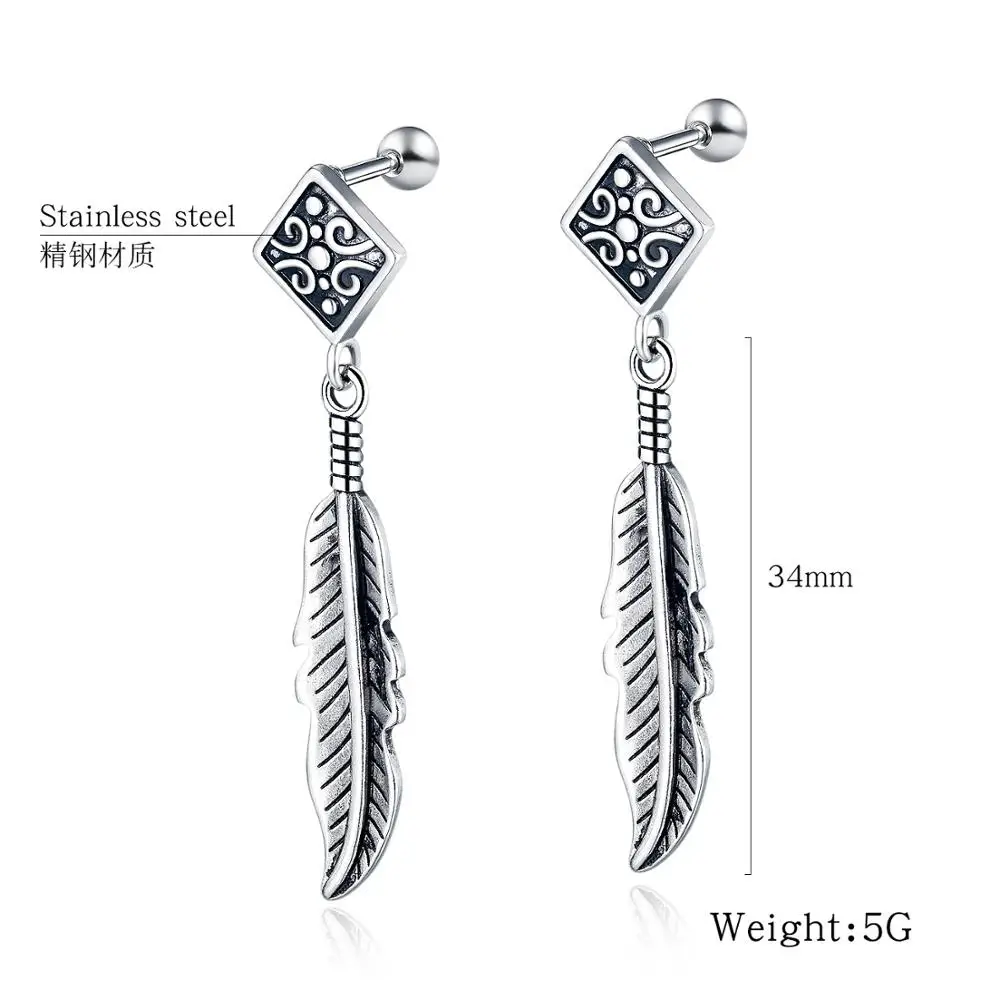 Hemiston Feather Tassels Titanium Steel Earrings Stainless Individual Punk Rock Style Fashion Mens On