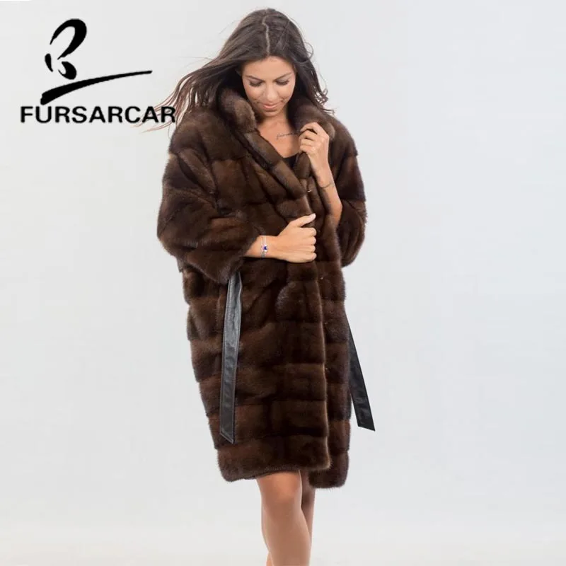 FURSARCAR Высококачественная натуральная норка шуба для женщин 90 см длинная норка шуба с воротником-стойкой женская шуба из натурального меха норки