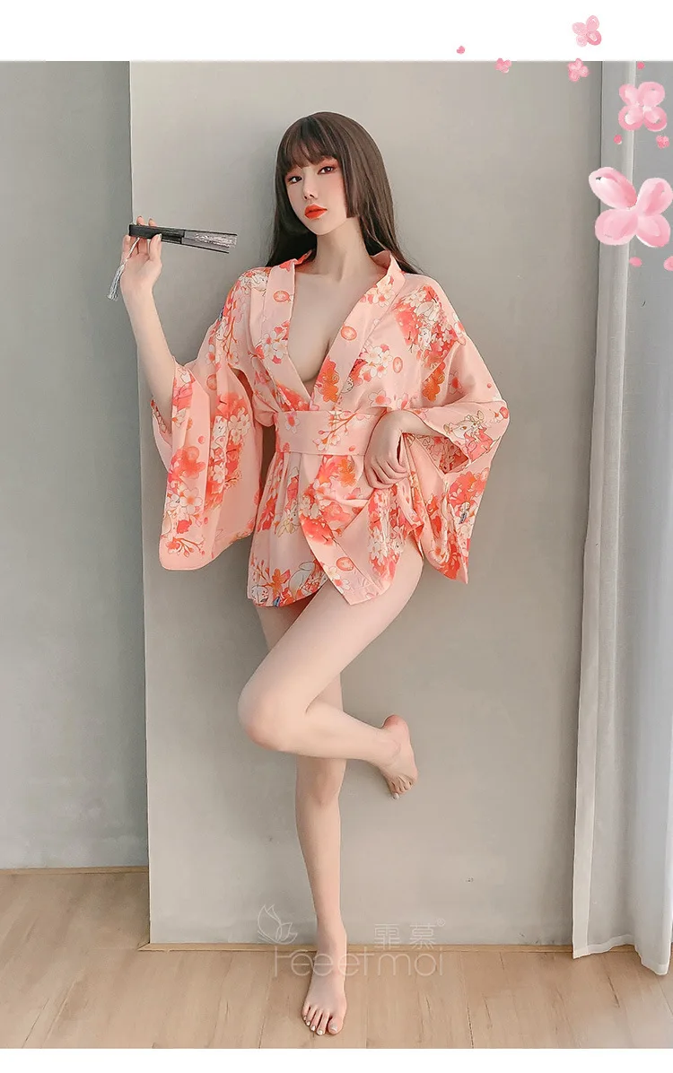 

3 Piece Set Women Kimono Sexy Lingerie Women's Printed Girdle Uniform Temptation Deep V Night Skirt Suit Erotic Pajamas Set