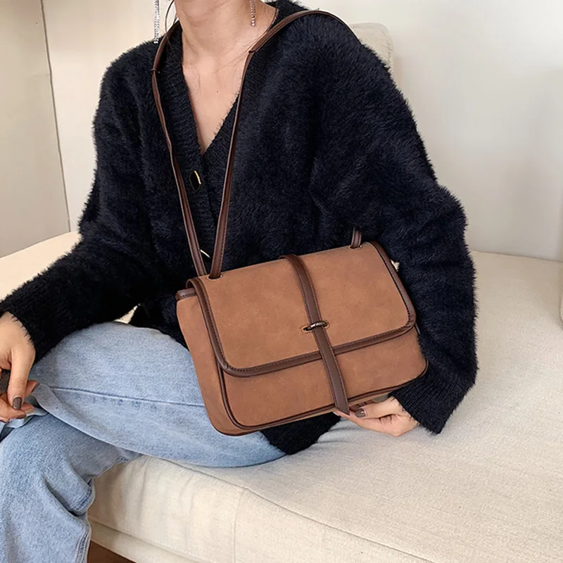 

Vintage Women Scrub Leather Shoulder Bags Brand Designer Flap Bag Ladies Crossbody Bag Female Big Capacity Handbag Brown Totes