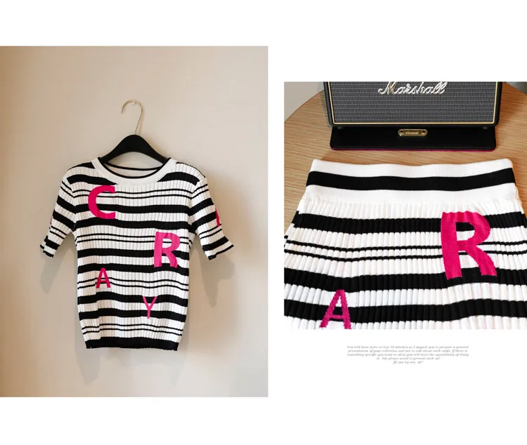 

Korean Knitted Two Piece Skirt Set Women Pullover Striped Letter Printed Short T Shirt Pencil Skirt Elegant Ladies Fashion Sets