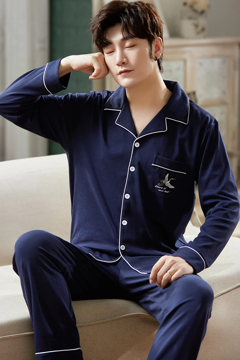 

Men's Pajamas Simple Dark Blue Lapel Men's Home Clothes Big Boys Loose Cotton Warm Long-sleeved Sleepwear Autumn Plus Size