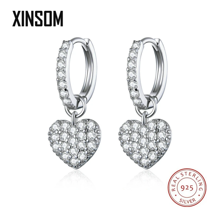 

XINSOM 925 Sterling Silver Earrings For Women Heart Shape Cubic Zirconia Drop Earrings Party Wedding Fine Jewelry Christmas Gift