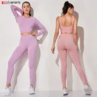 Женский бесшовный комплект для йоги из 3 предметов, штаны с высокой талией, леггинсы для фитнеса, укороченный Топ с длинным рукавом, спортивный бюстгальтер, одежда для отдыха, спортивный комплект для женщин