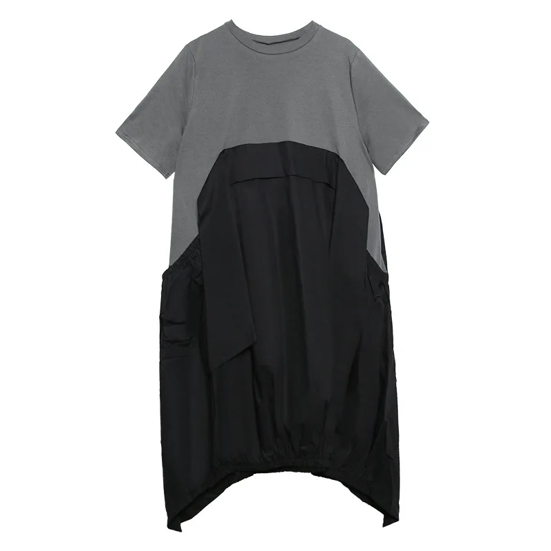 

Johnature 2021 New O-neck Short Sleeve Plus Size Patchwork Irregular Dress Summer Casual Fashion Pockets A-Line Women Dresses