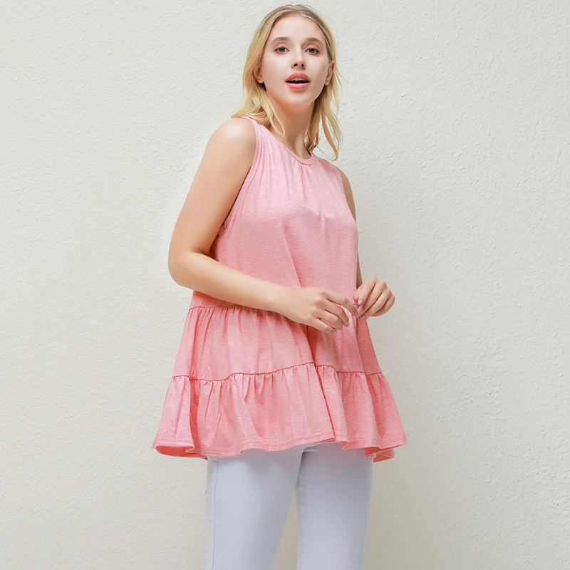 

2020 Womens Casual Sleeveless Loose T-Shirts Solid Color Pleated Tops O-neck Female Pullover Tops Summer Clothes