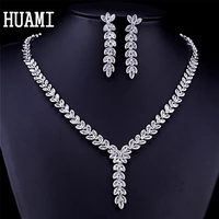 huami bridal jewelry set for women earrings necklace wedding party cubic zirconia costume leaf drop earrings regalos para mujer