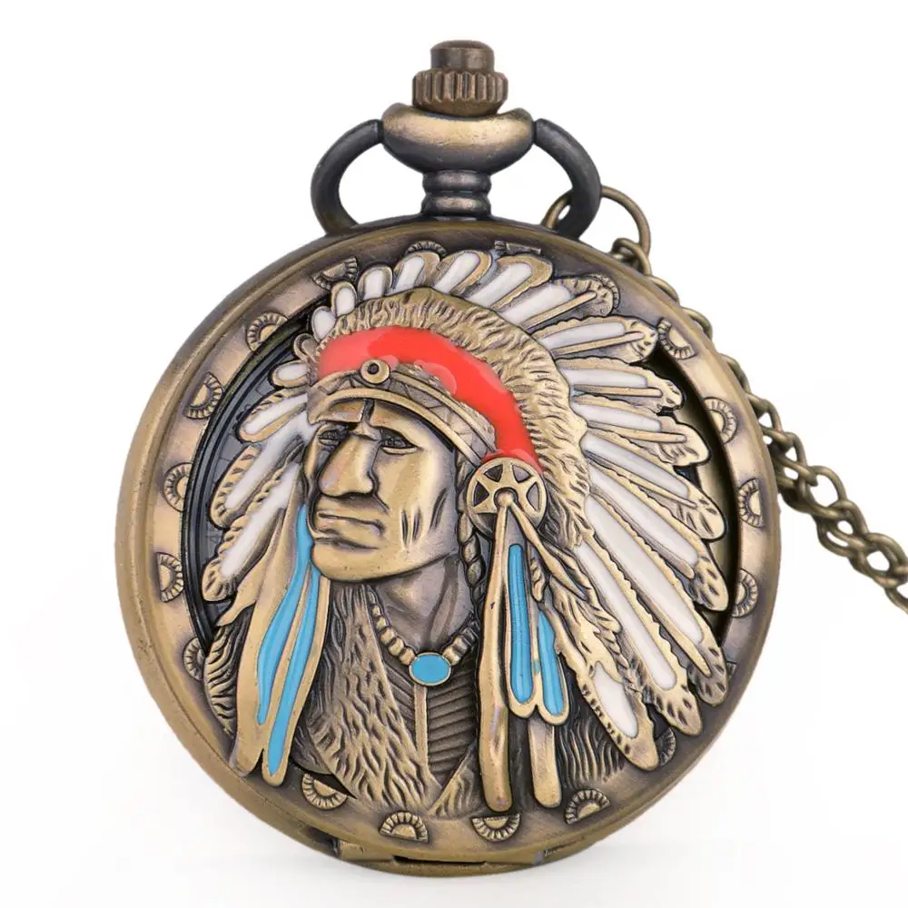 

Steampunk Antique Indian Old Man Colorful Portrait Design Quartz Fob Pocket Watch Bronze Pendant Necklace Chain Souvenir Gifts