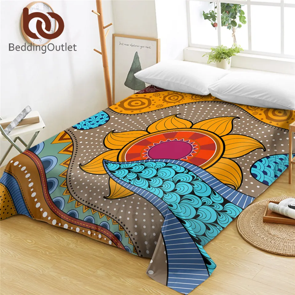 

BeddingOutlet Tribal African Flat Sheet Ethnic Flower Bed Sheet Floral Sun Bedspread Retro Style King Size Flat Sheets 1-Piece
