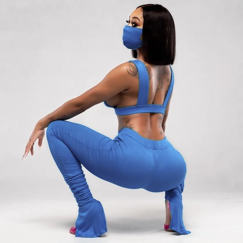 

Cutubly Sleeveless Backless Women Set Outfits Autumn Winter Solid 2 Pieces Set Bra Top Stacked Leggings Pant Set Tracksuit