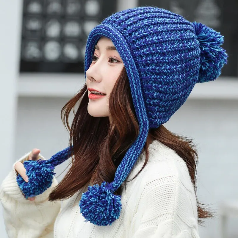 Толстые женские вязаные утепленные шапочки для девочек шерсть зимняя шапка с