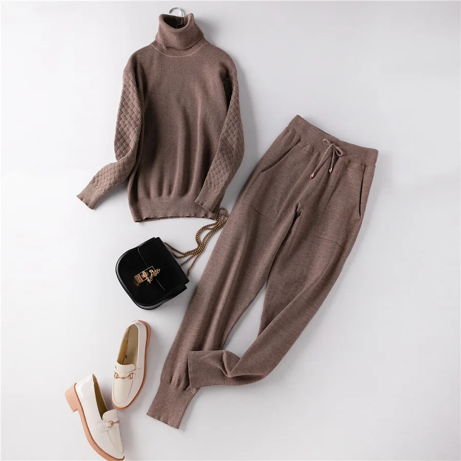 

2020 Sweater Suits Casual Knit Tracksuit Pink Black Blue Long Sleeve Turtleneck Pullovers+pants Two Piece Sets Female Outfits