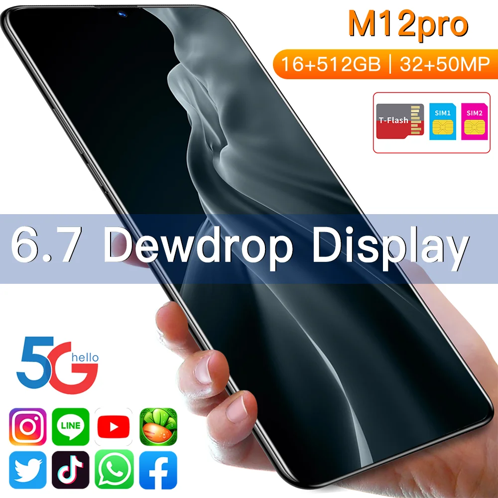 

2021 Newest Hot Selling M12 Pro 16GB+512GB Andriod 11.0 Phone MTK6889 10 Core 6800mAh Big Battery 32+50MP Smartphones 4G 5G LTE