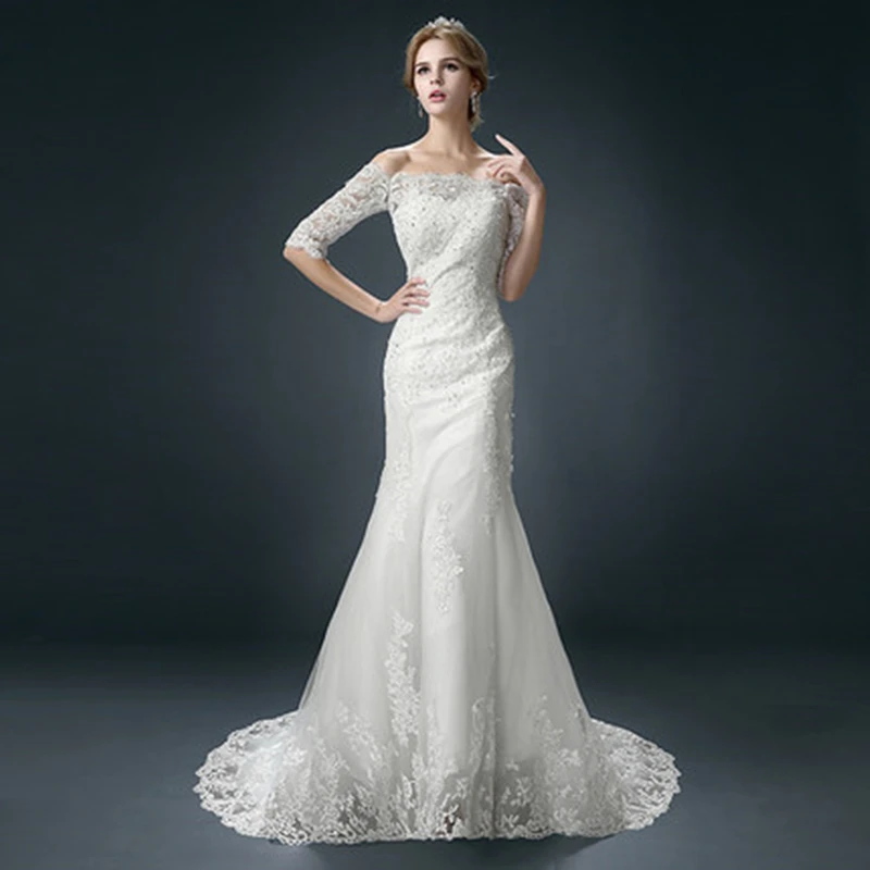 

Summer Sexy Slash Neck Mermaid Party Dresses Half Sleeve Lace Prom Gowns wedding Dresses