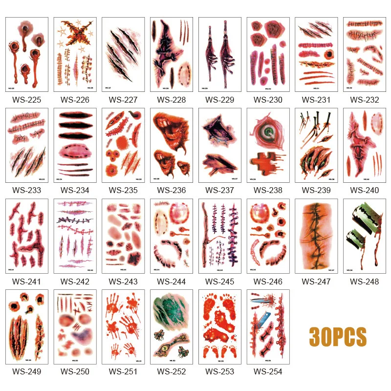 30 Sheet Halloween Tattoo Sticker Creepy Temporary Body Decal Masquerade Party Wound Scar Makeup Patch for Kids Adults NE | Красота и