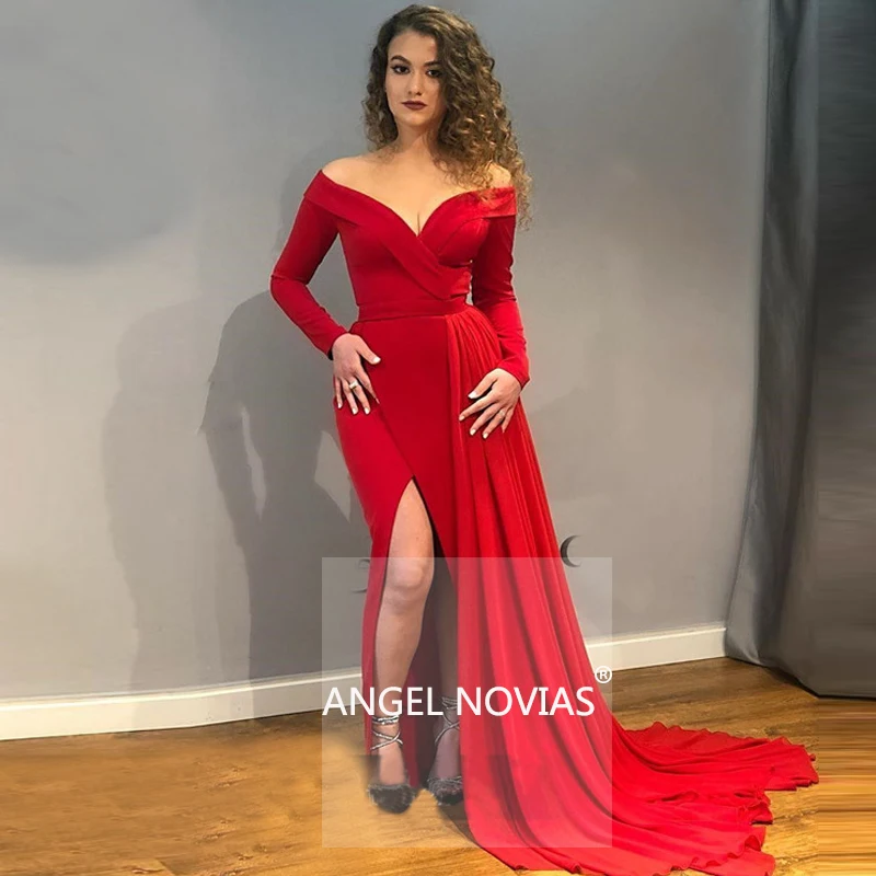 

Long Sleeves Red Satin Off the Shoulder Evening Dress 2021 with Slit Abendkleider Vestido Sirena Largo Prom Dress