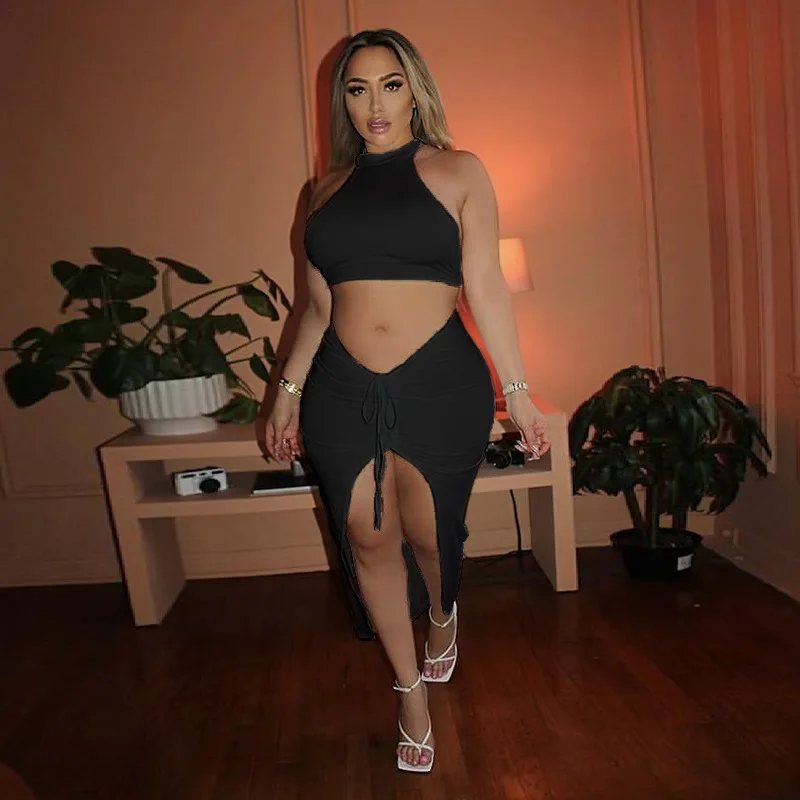 

S-4XL Sexy Plus Size Off Shoulder Two Piece Set High Split Maxi Skirts Outfits for Women Summer Festival Matching Sets