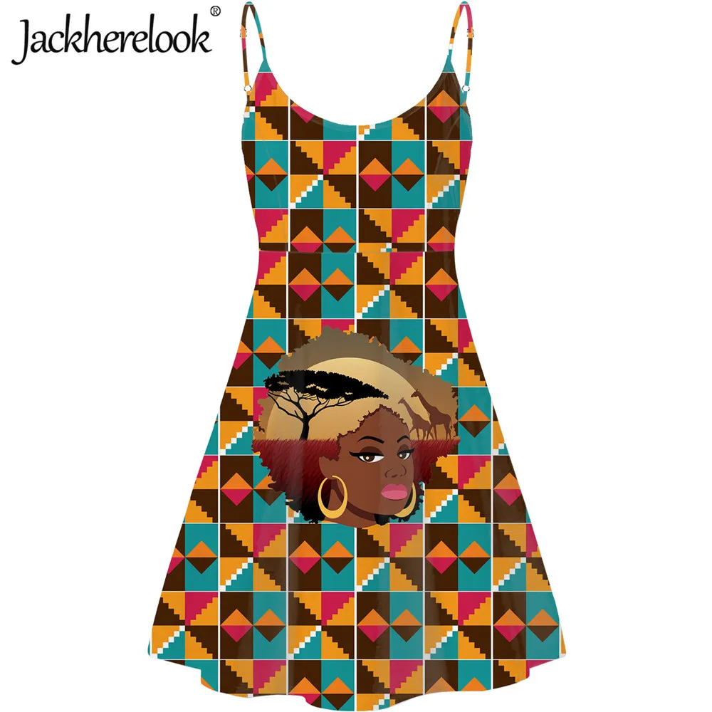 

Jackherelook African Tribal Black Girls Print Women's Sleeveless Party Dress Casual Summer Ladies Straped Bodycon Dresses 2021