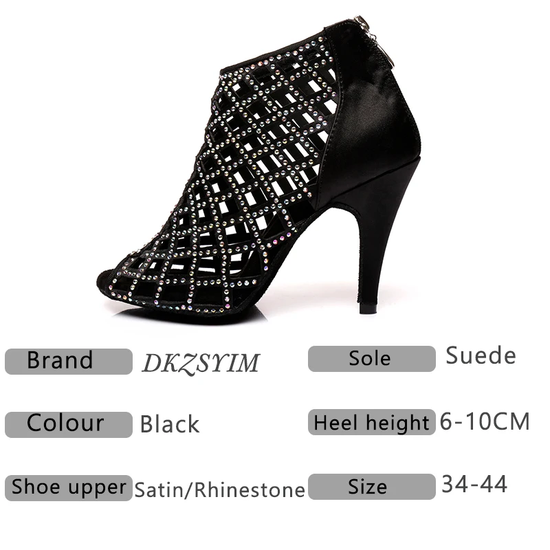 DKZSYIM Black Latin Dance Shoes Women Sparkling Professional Ballroom Salsa Boots Party Rhinestone High Hells | Спорт и развлечения