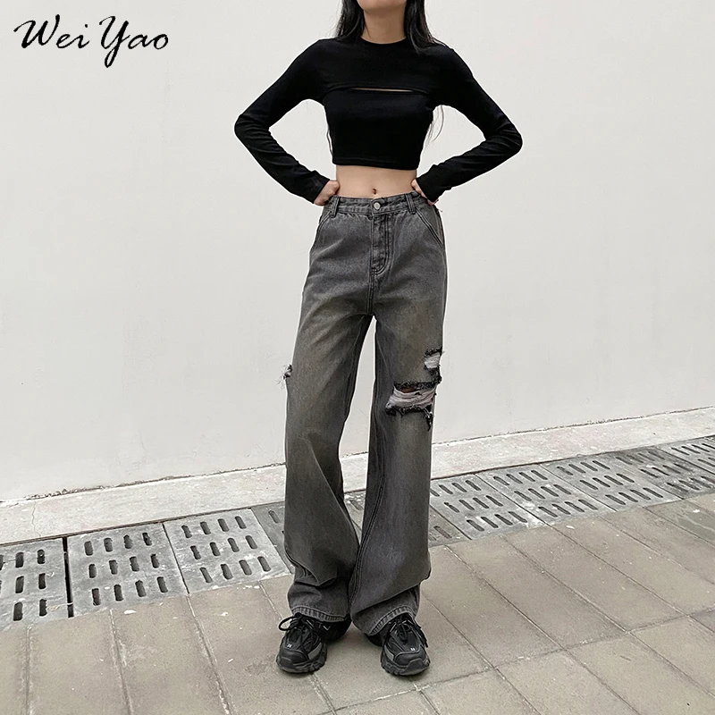 

WeiYao Gray Vintage Hole Baggy Mom Jeans Women Low Waist Straight Leg Cargo Pants Korean Fashion Distressed Denim Trousers