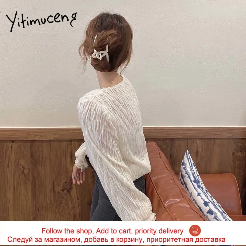 

Yitimuceng Ruched Blouse Women Button Up Shirts Lantern Sleeve Peter Pan Collar Black Apricot 2021 Spring Korean Fashion Tops