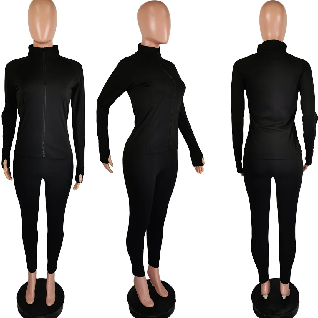 

Sports solid color ladies two-piece hooded jacket tights sweatpants jogger suit sportswear matching suit wholesale