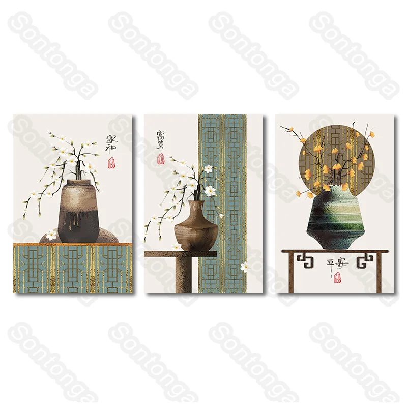 

Vase Art Poster Bedroom Wall Layout Antique Self-Adhesive Painting Living Room Decoration Background Wall Chinese Wall Sticker