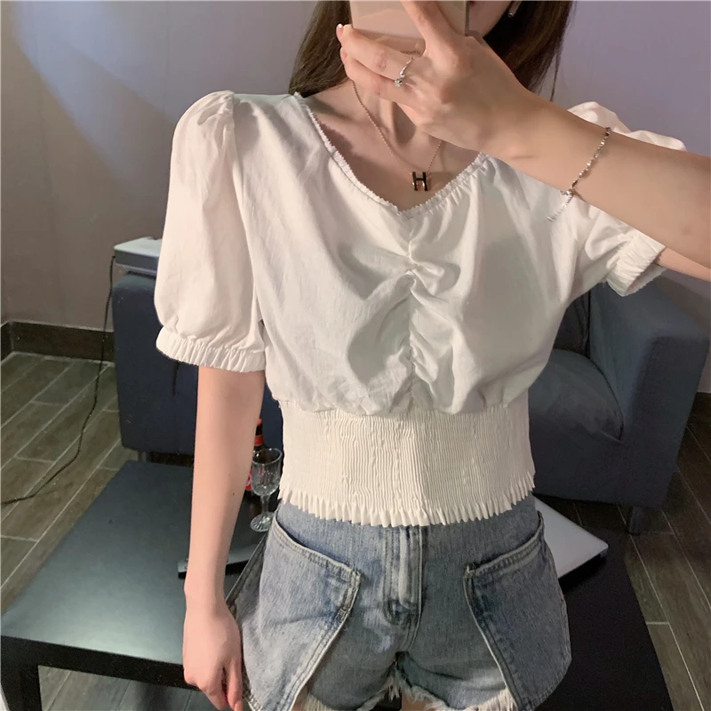 

Женская плиссированная рубашка в стиле ретро, короткая верхняя одежда до ключиц с квадратным воротником и пышными рукавами в Корейском сти...