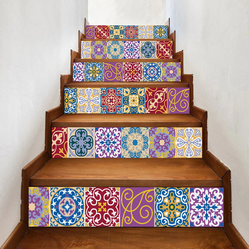 

6pcs/set Retro Style Stair Stickers Stair Step Floor Decoration Peel & Stick Removable PVC Art Wall Stickers