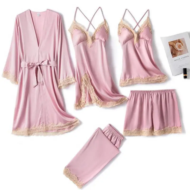 

Black Lace Women Home Clothing 5pcs Pajamas Suit Nightwear Sexy Casual Intimate Lingerie Spring Autumn New Sleepwear Pyjamas