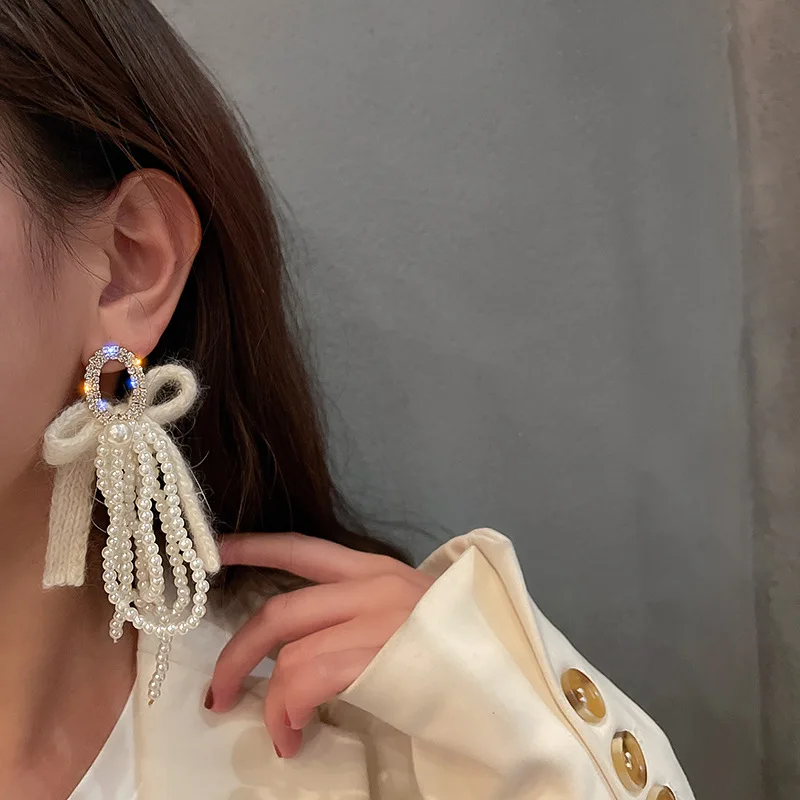 

Trendy Big Exaggerated Pearls Tassel Drop Earrings for Women Hyperbole Woven Wool Bowknot Statement Dangle Earings Jewelry Gift