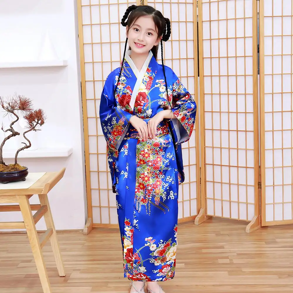 Print Flower Children Japanese Traditional Evening Party Prom Dress Performace Clothing Kimono Bathrobe Gown Full Sleeve Gown - Цвет: Blue 2