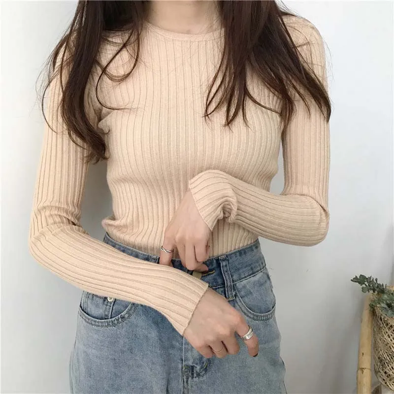 

2020 Autumn Winter New Korean Women Collar Sweater All-match Long Sleeved Tops Slim One-neck Female Thread Tight Pullover 2020