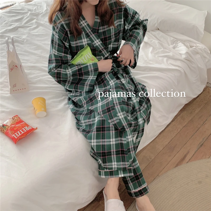 

Green Plaid Winter Nightgown + Trousers Set Two Piece Home Suit Cotton Casual Sleepwear Kimono Ins Pajamas Set Homewear