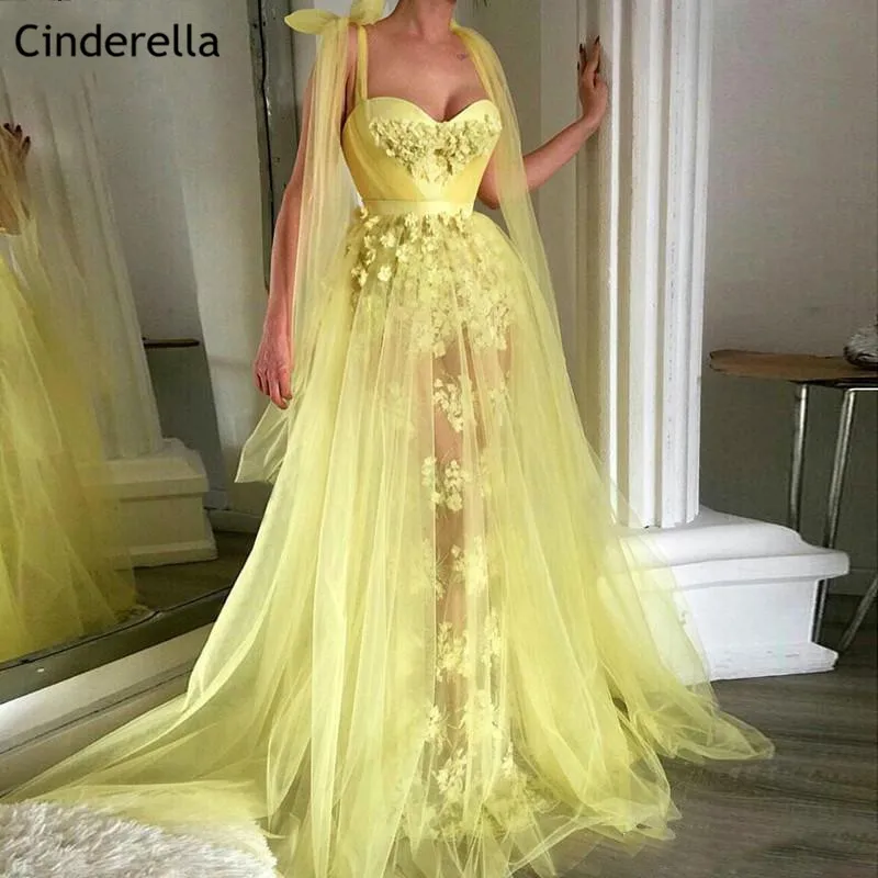 

See Sheer Yellow Sweetheart Sleeveless Hand Made Flower Tulle A-Line Prom Dresses Party Dresses vestidos de fiesta de noche