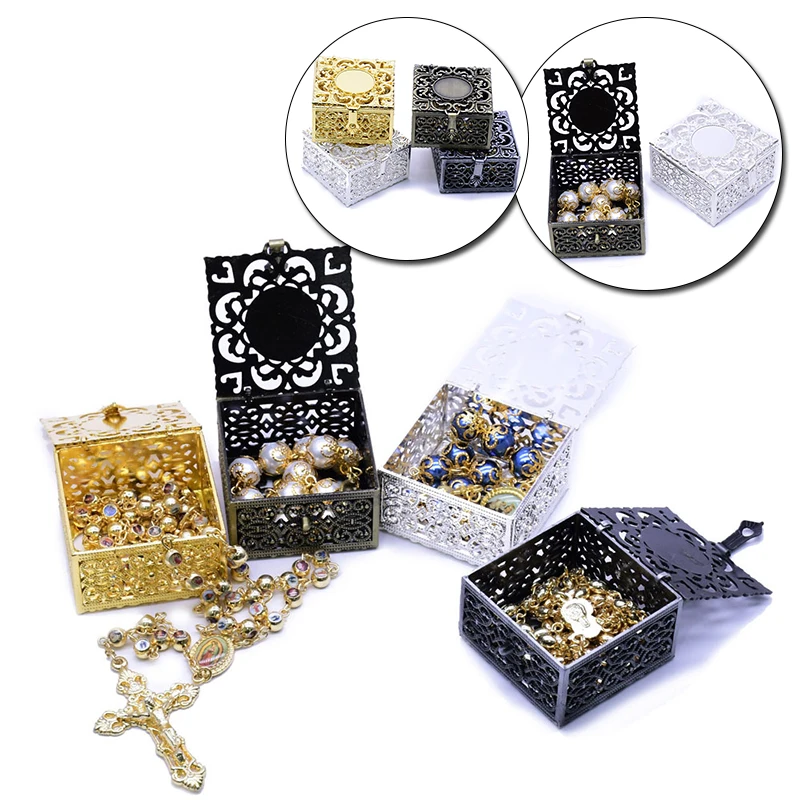 

Rosary Storage Box Zinc Alloy Hollow Out Necklace Jewelry Case Religious Christian Catholic Crosses Prayer Rope Gift Storage Box