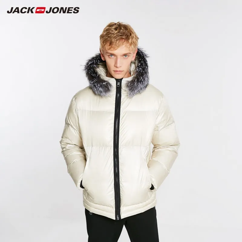 Moon JackJones мужской зимний пуховик с капюшоном и воротником из лисьего меха 218412521 - Цвет: Moon