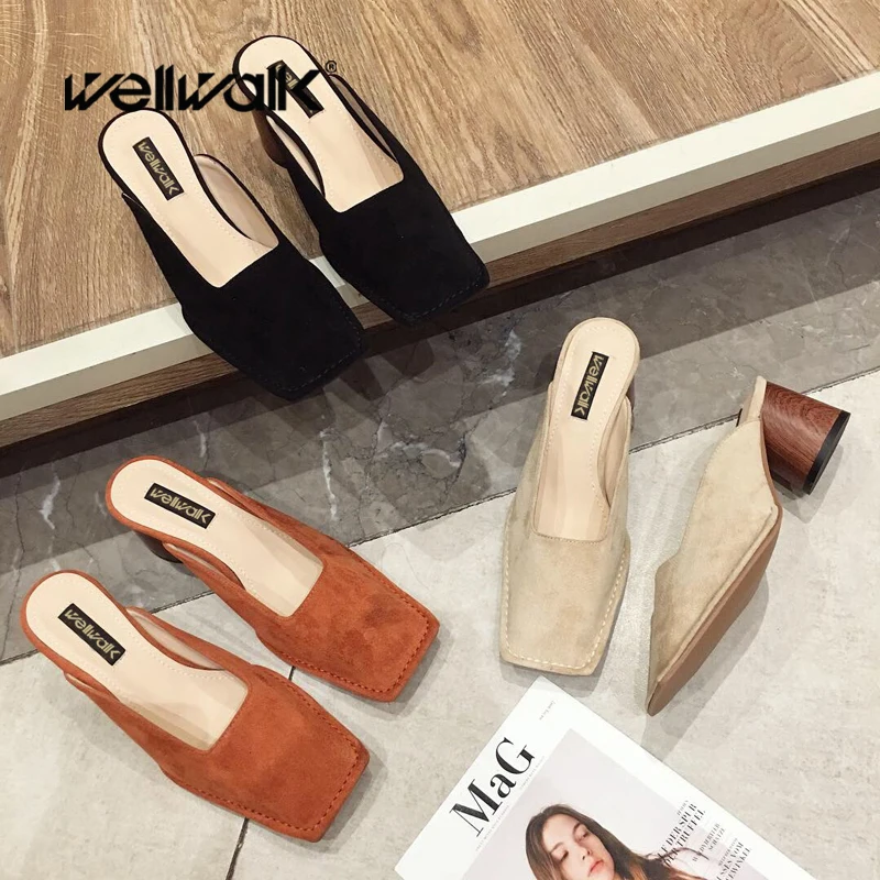 Wellwalk/обувь на блочном каблуке Женские шлепанцы массивном мюли высоком с