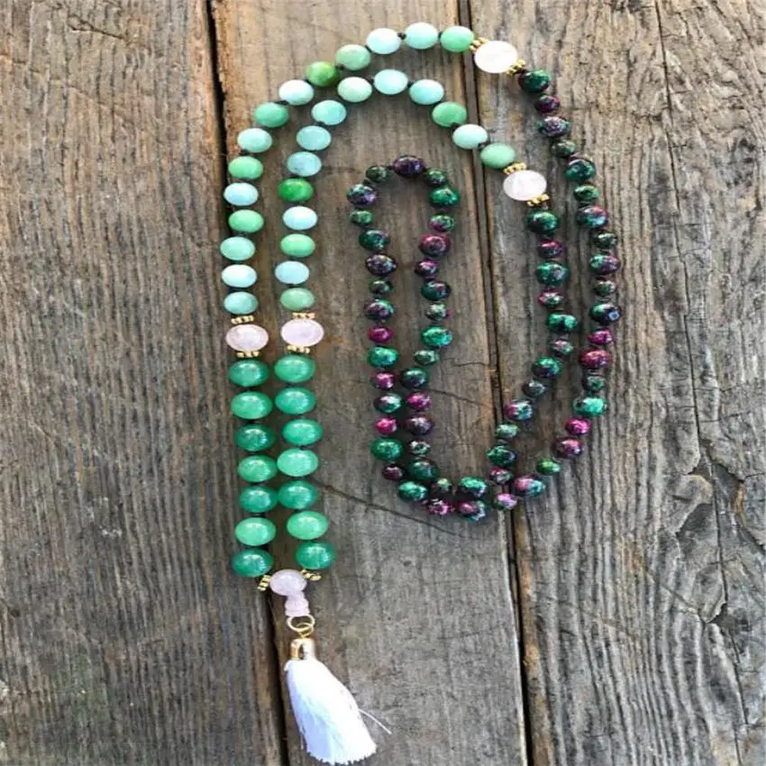 

8mm 108 Flower green jade Gemstone Mala Tassel necklace yoga Bless pray Reiki Lucky Buddhism Fancy Chakas Handmade Meditation