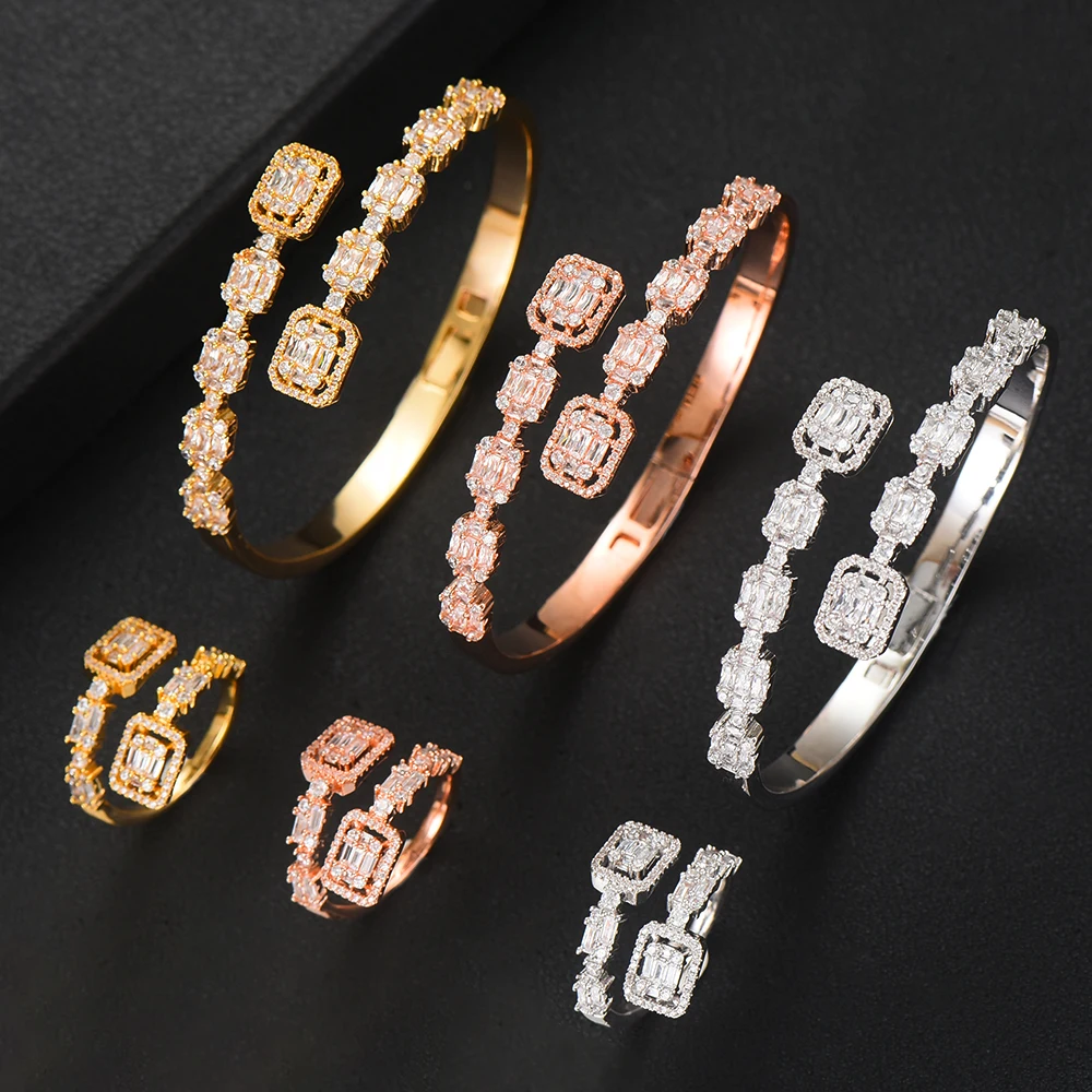 

High Quality New Trendy Luxury Stackable Statement Bangle Rings Set For Women Wedding Cubic Zircon Crystal CZ Dubai Bracelet