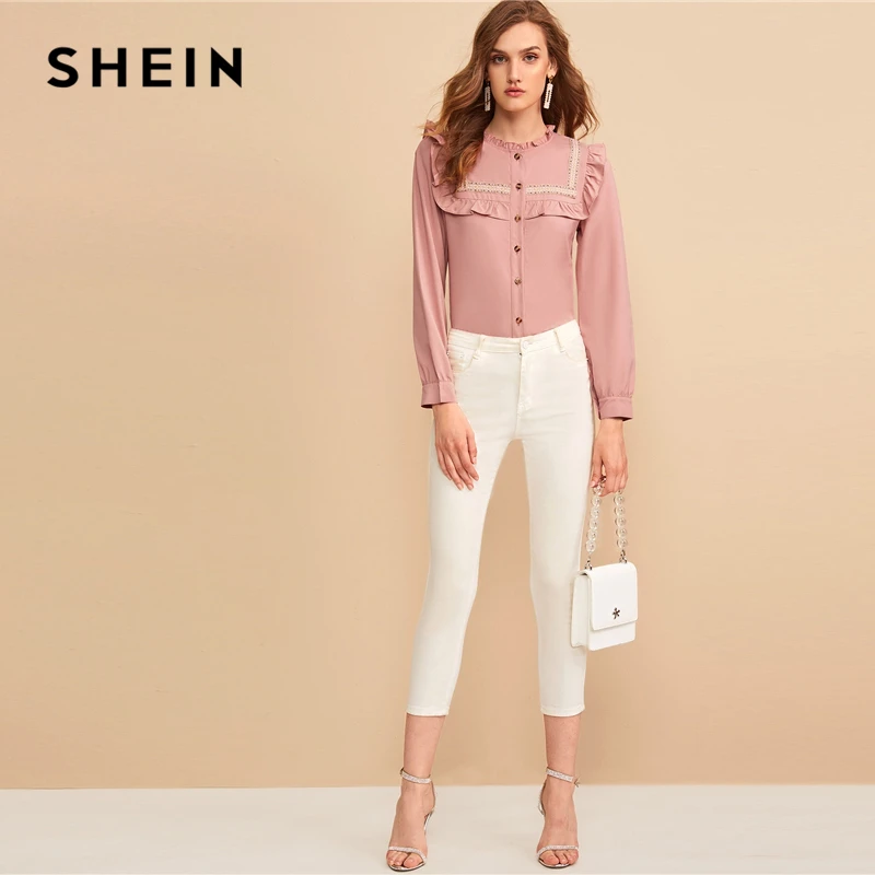 SHEIN розовая вышитая лента панель с рюшами отделка пуговица спереди милая блузка рубашка женские топы осень длинный рукав элегантные блузки
