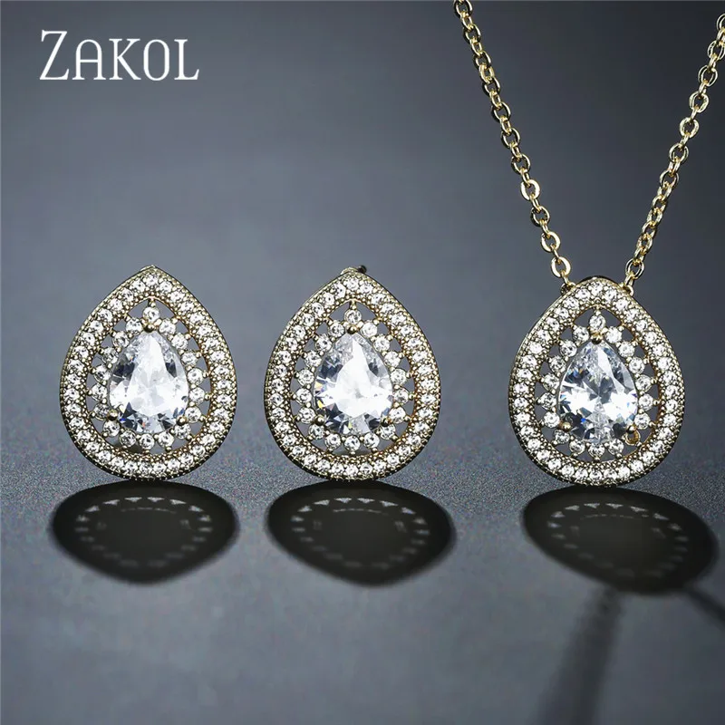 ZAKOL Classic Micro Mosaic Cubic Zirconia Drop Stud Earrings Pendant Set Bridal Jewelry Women Wedding Anniversary Gift FSSP3028 | Украшения