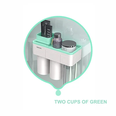 Two cup holder green MSJO держатель для зубных щеток Автоматический Диспенсер для зубной пасты Магнитная Адсорбция перевернутый Телефон для хранения декора аксессуары для ванной комнаты Набор - Цвет: Two cup holder green