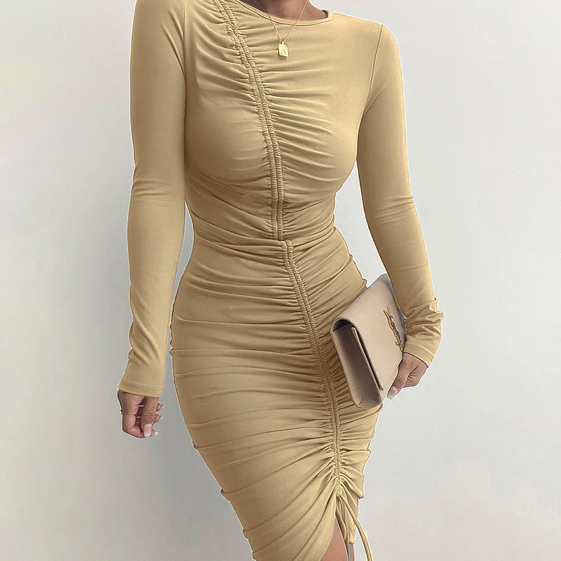 

2021 Women Long Sleeve Pleated Wrap Dresses Office Party Club Wear Female Clothes Sexy Ruched Drawstring Bodycon Dress Autumn