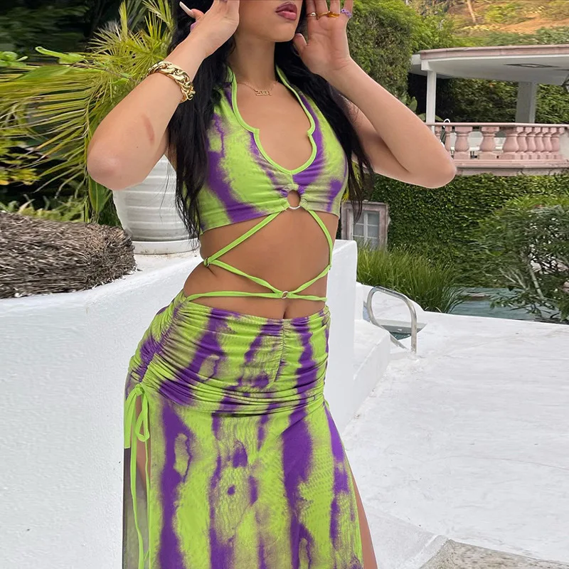

Tie Dye Summer Dress Women Waist Cut Out Backless Halter Robe 2021 Festival Clubwear Bodycon Sexy Party Y2K Maxi Dresses Na