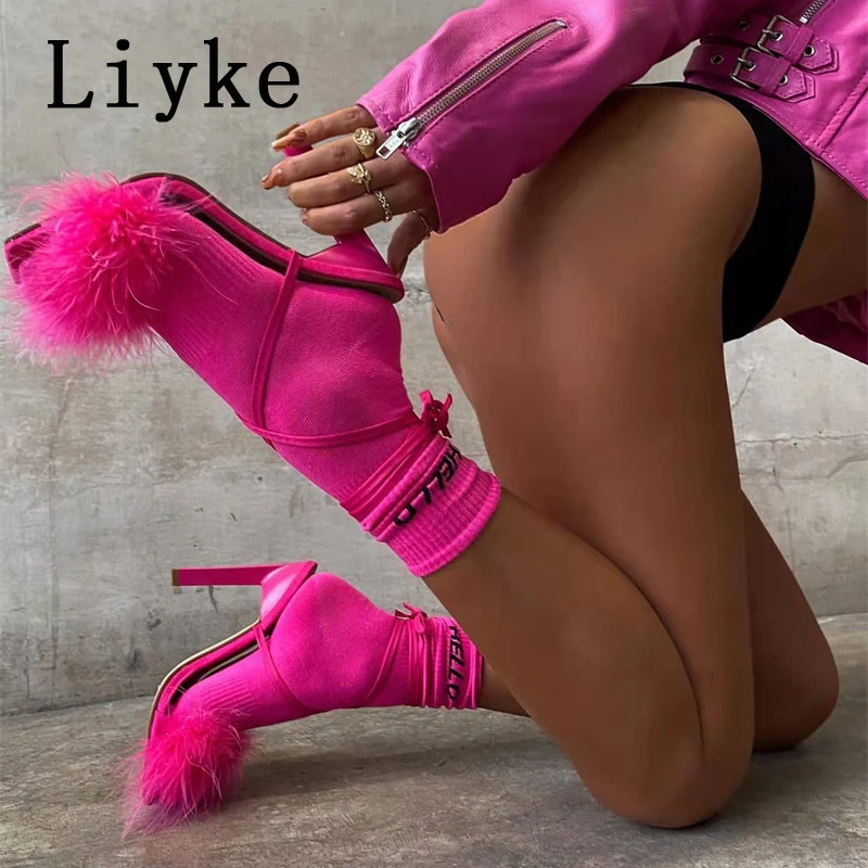 

Liyke 2022 New Mei Red Black Womens Sandals Fashion Open Toe Furry Fur Summer Lace-Up Strange High-Heels Wedding Stripper Shoes