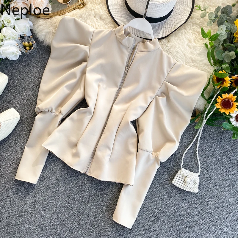 Женская блузка на молнии Neploe однотонная с воротником-стойкой и длинным рубашки