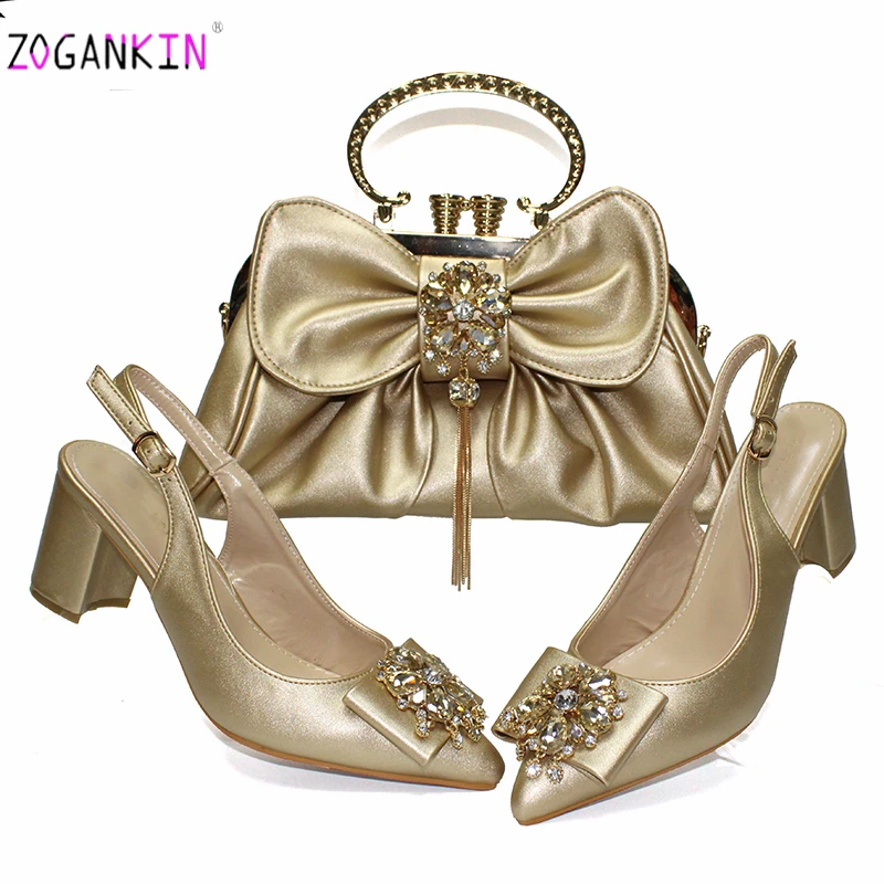 

Classics Style Nigerian Design High Quality in Golden Color Wedding Sandals Matching Bag with Shinning Crystal for Party